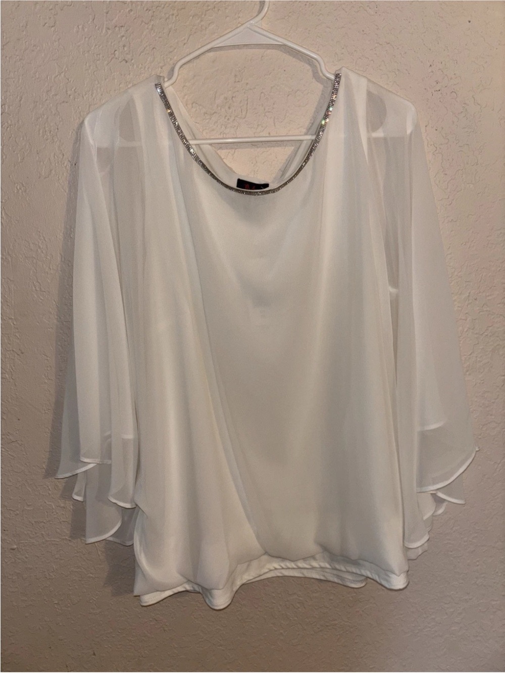 M.STUDIO White Layered Chiffon Cape-Sleeve Top with Beaded Neckline